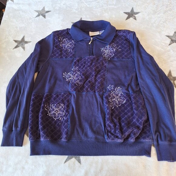 Alfred Dunner Pullover Sweatshirt Medium Blue Floral Embellished Velour Collared - Picture 1 of 8